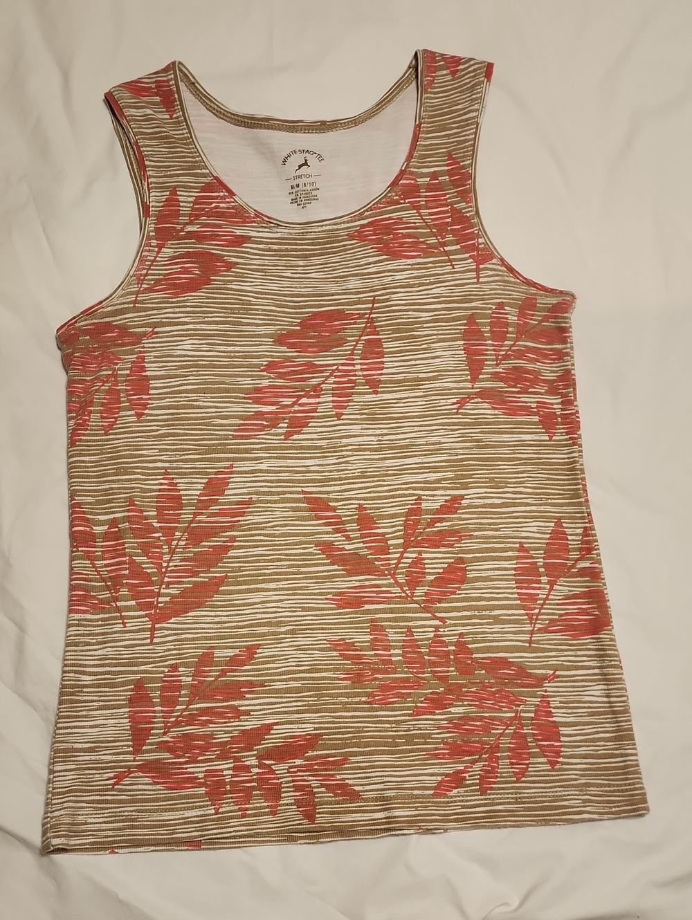 White Stag Coral Leaf Print Tank with Tan Stripes